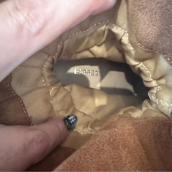 Express Women’s Paper Bag Top Camel Faux Suede Ankle Boots Pumps Heels size 9 - Picture 5 of 8